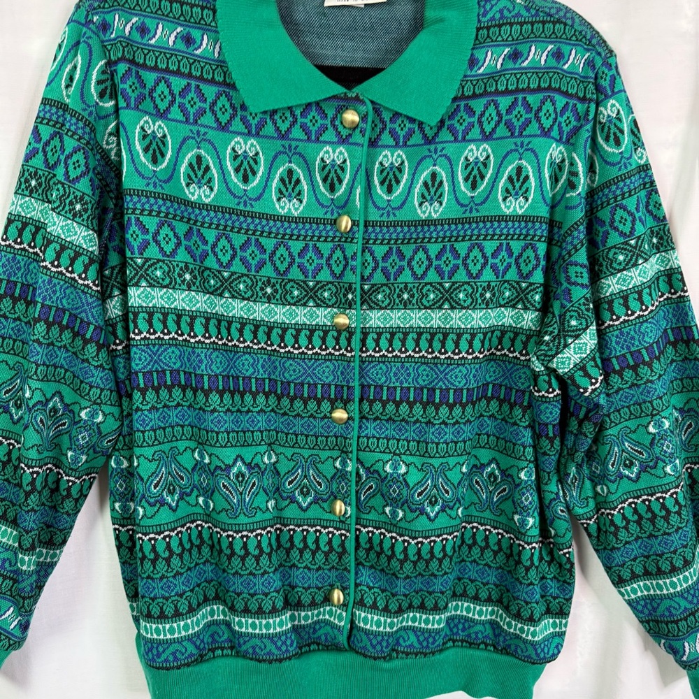 Vintage 70’s Alfred Dunner Green Blue Stripe Button Front Sweater Pant Set Lg - Picture 2 of 8